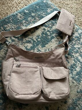 Baggallini dusty taupe crossbody bag with multiple exterior pockets